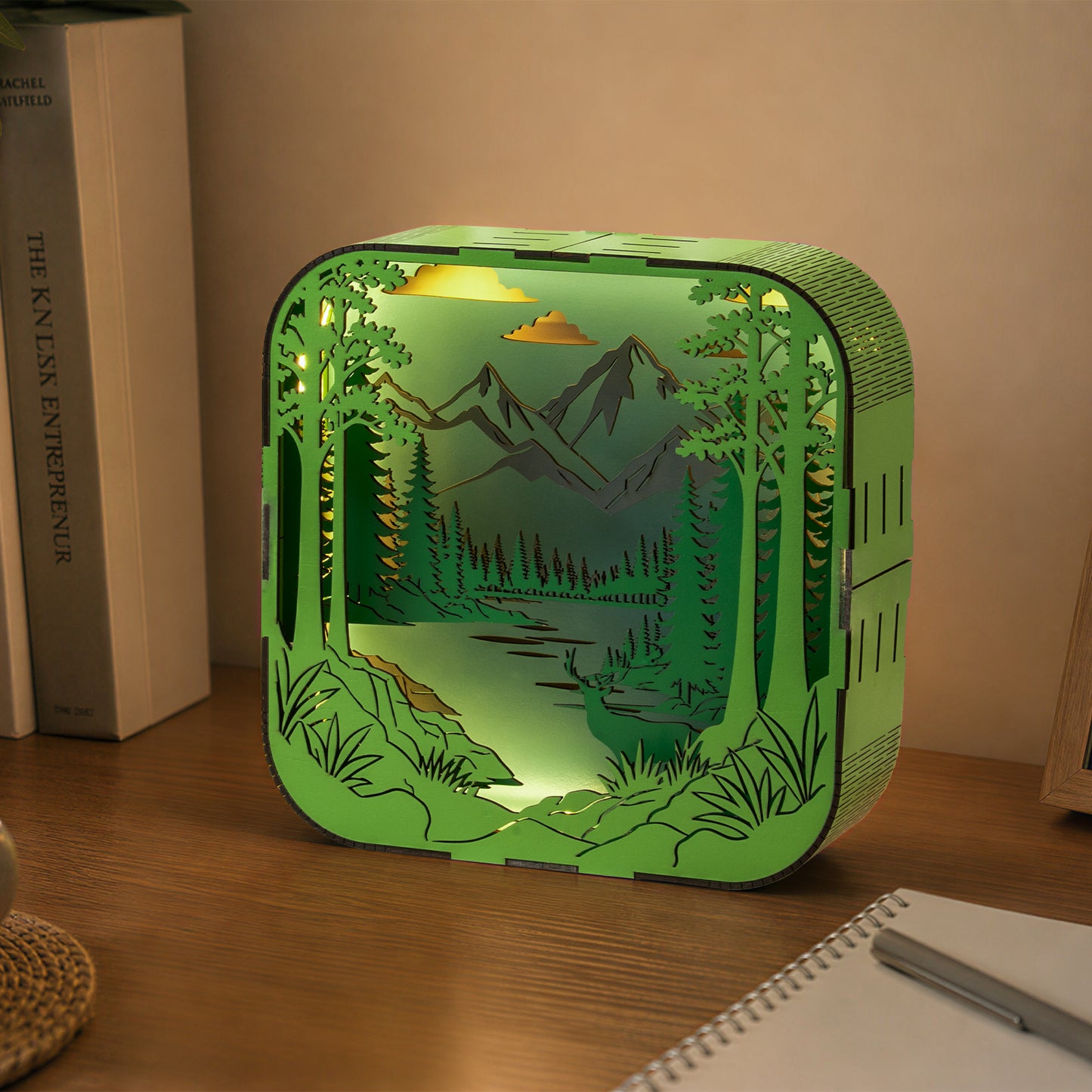 Multi-layered wooden forest and mountain silhouette lamp