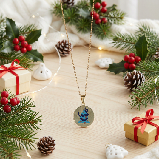 Cat Christmas Tree Metal Pendant Color Engraving