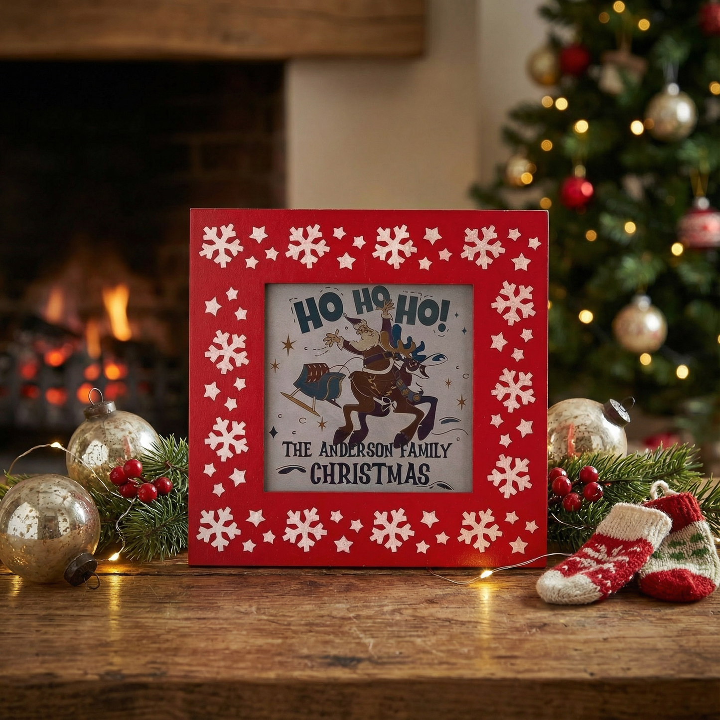 Santa and Reindeer Metal Plante Color Engraving