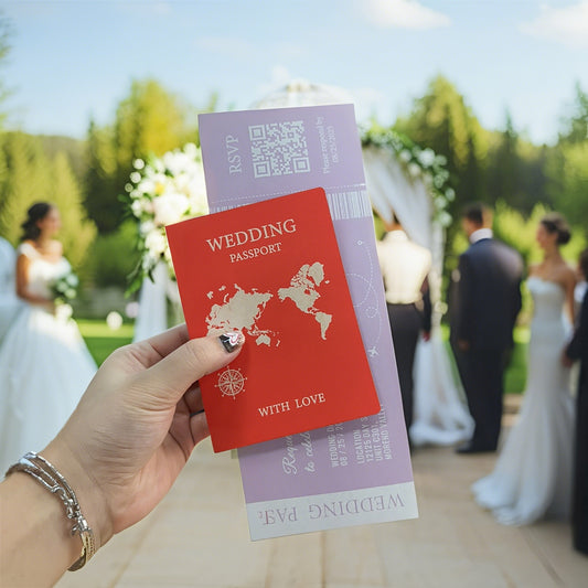 Paper airplane plane ticket passport wedding invitation