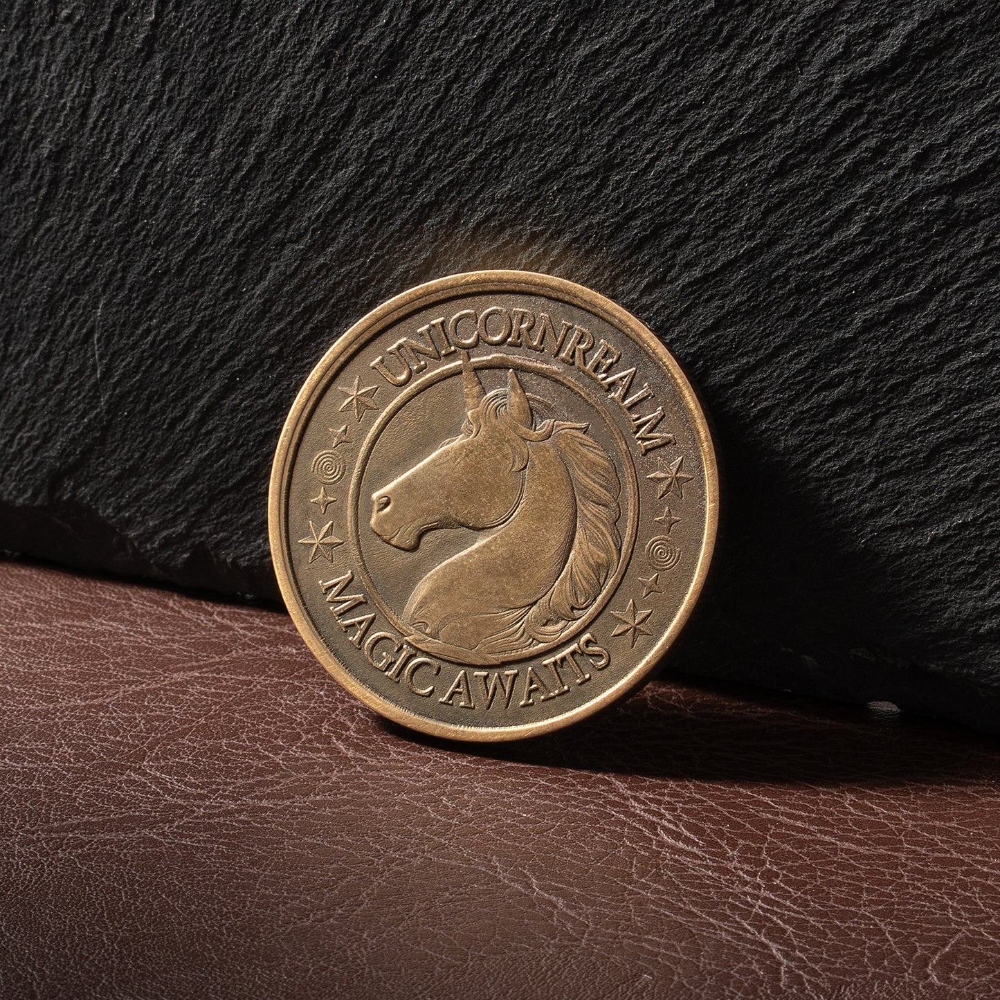Unicorn Brass Coin Relief engraving