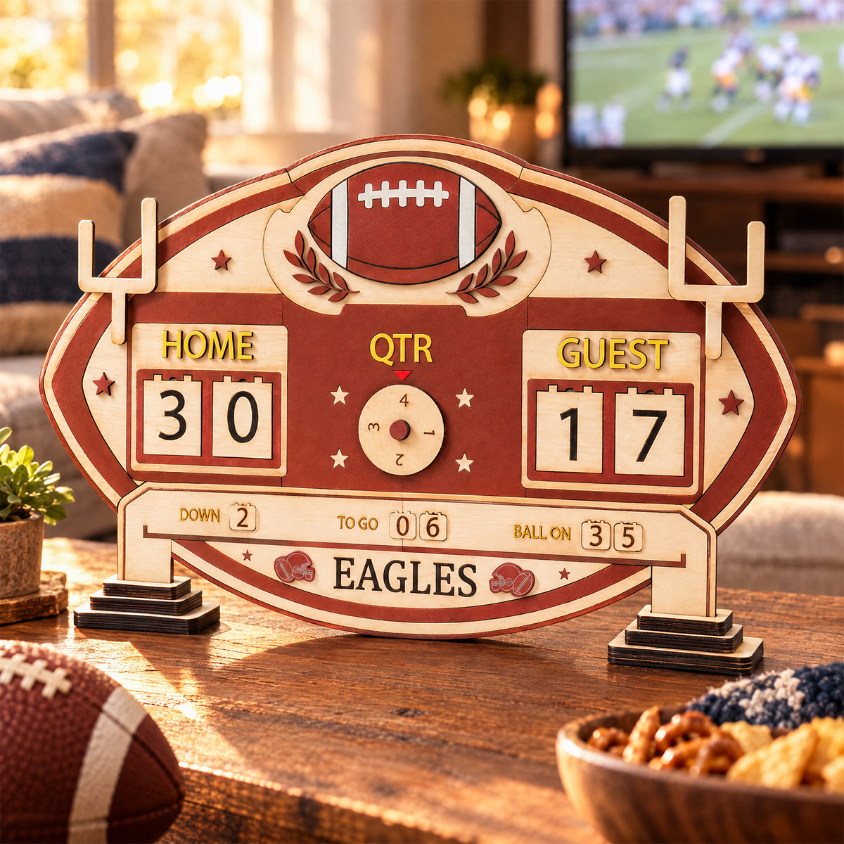 Football-themed wooden scoreboard stand