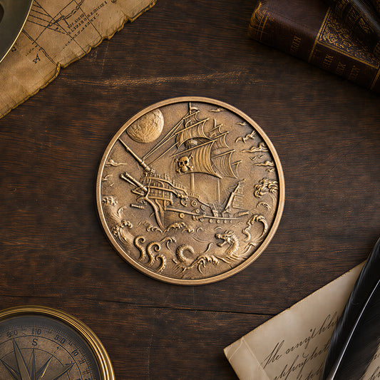 Pirate Ship Nautical brass coin relief carving