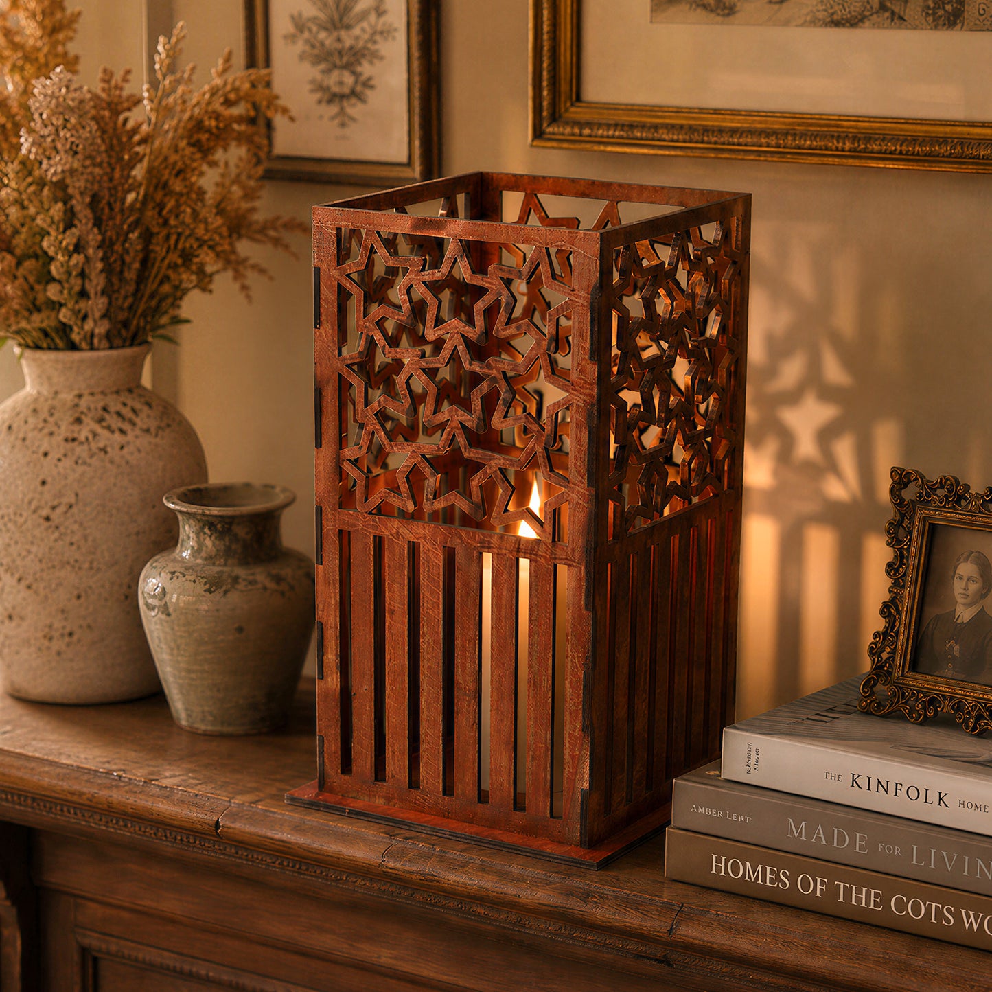 Wooden Cutout Star Floor Candle Lantern