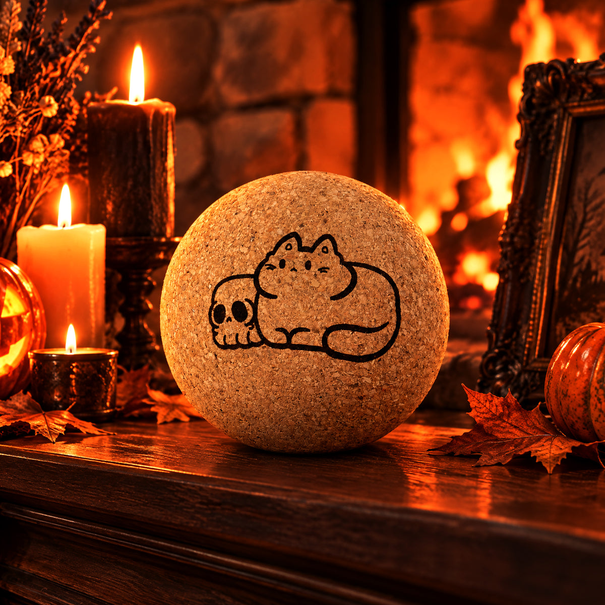 Halloween Skull and Kitten Cork Ball Carving