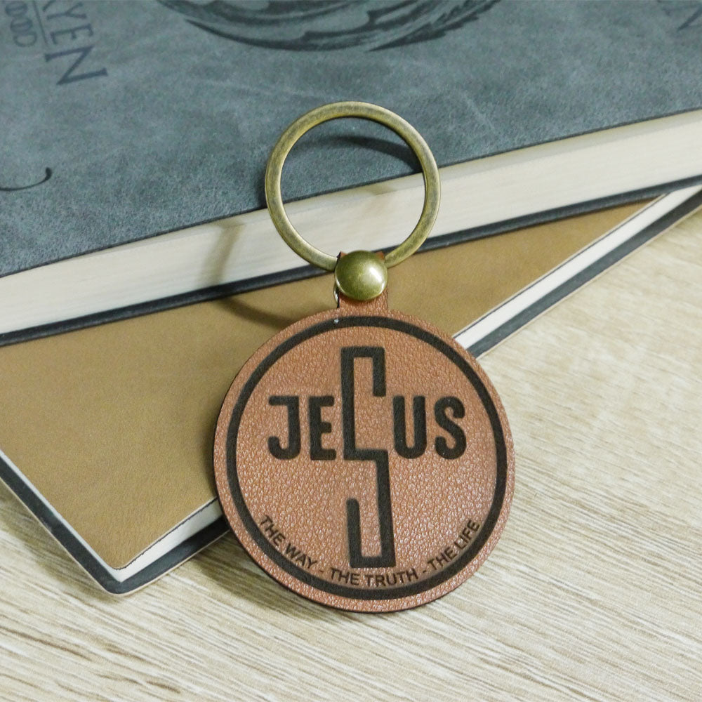 Leather Keychain 01 Jesus Cross