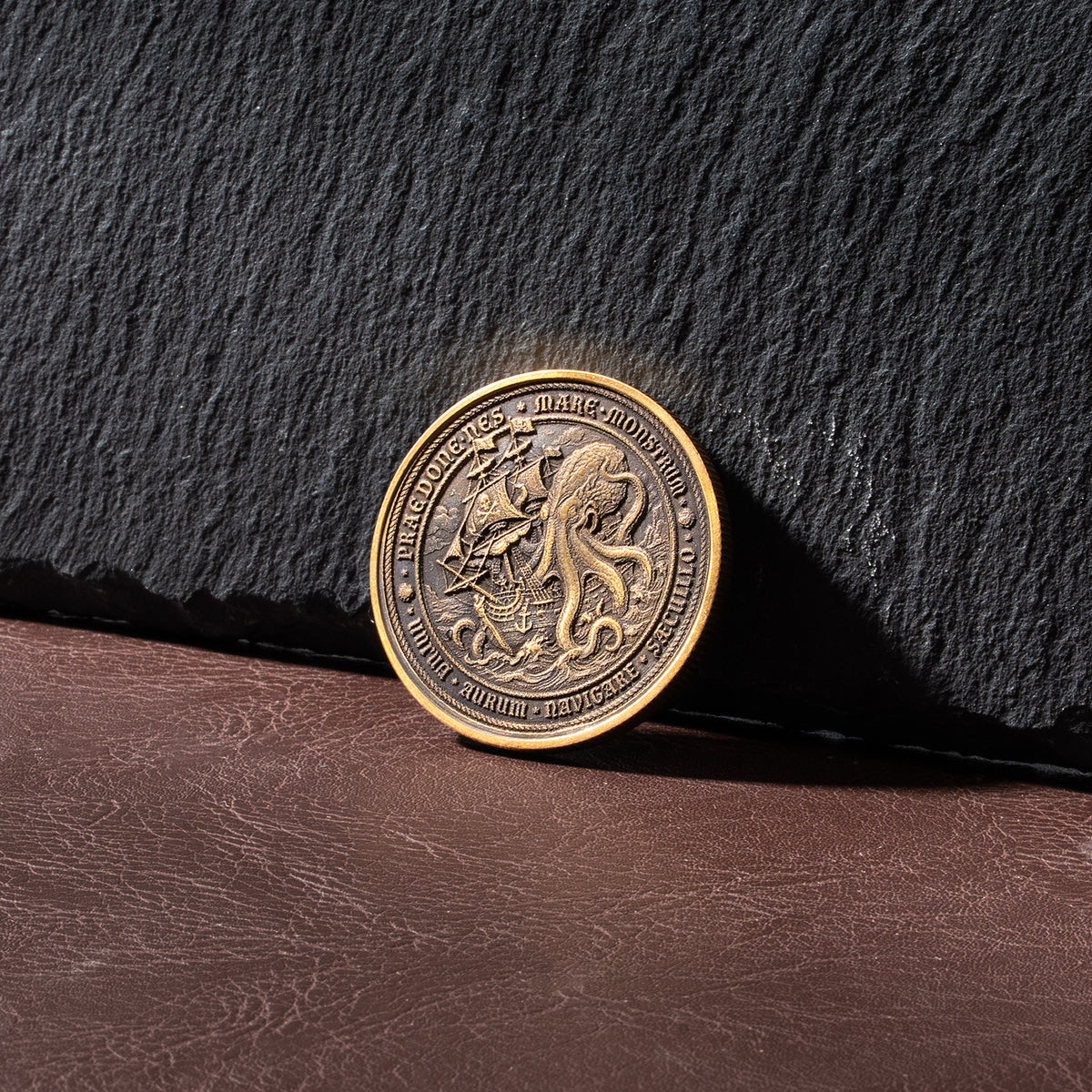 Giant Octopus Sea Monster And Pirate Ship Brass Coin Relief Engraving