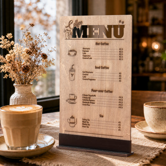 Wooden tabletop coffee menu sign