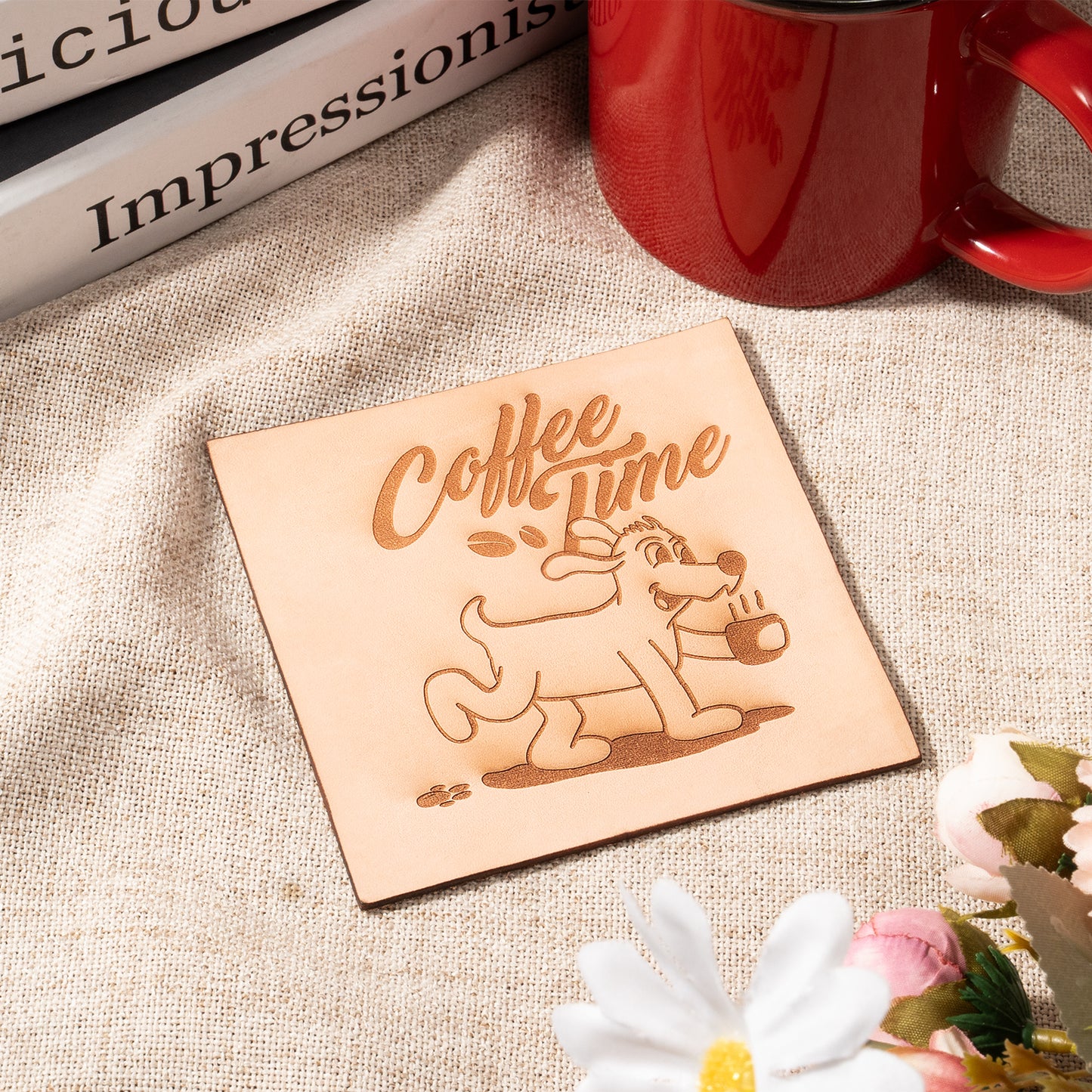 Coffee dog leather coaster engraving