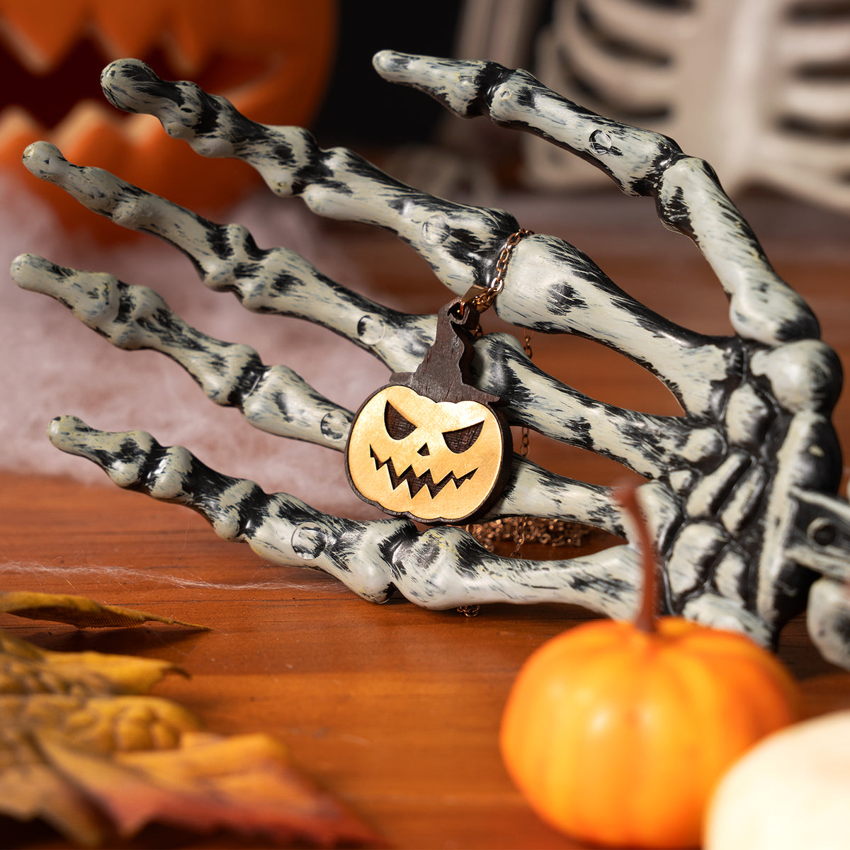 Halloween Pumpkin Wooden Pendant with Brass Inlay