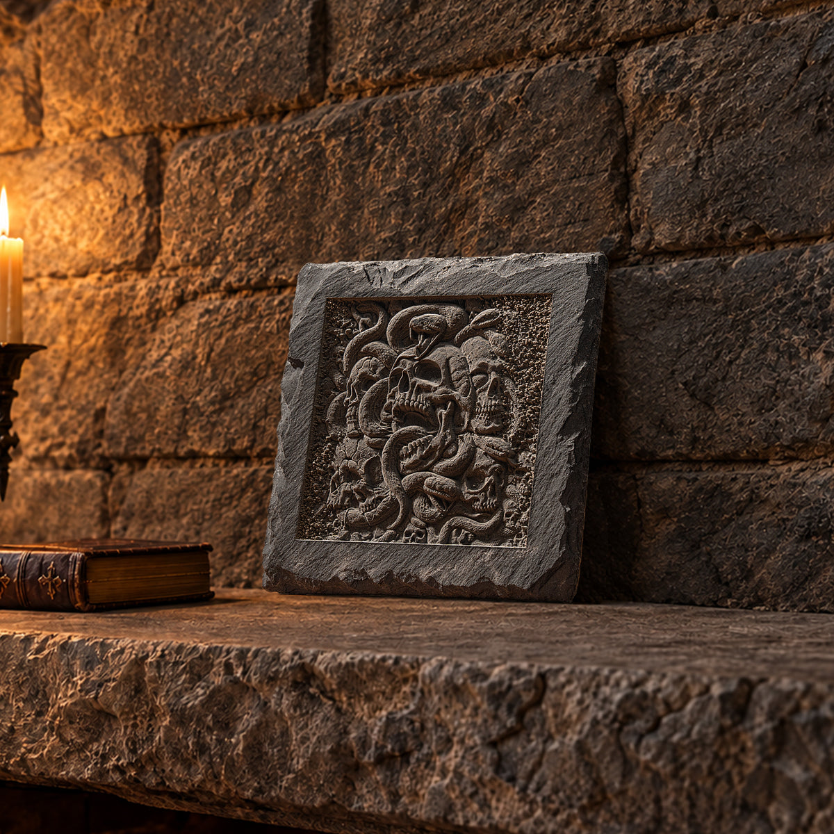 Gothic Skull and Serpent Slate Stone Coaster Relief engraving