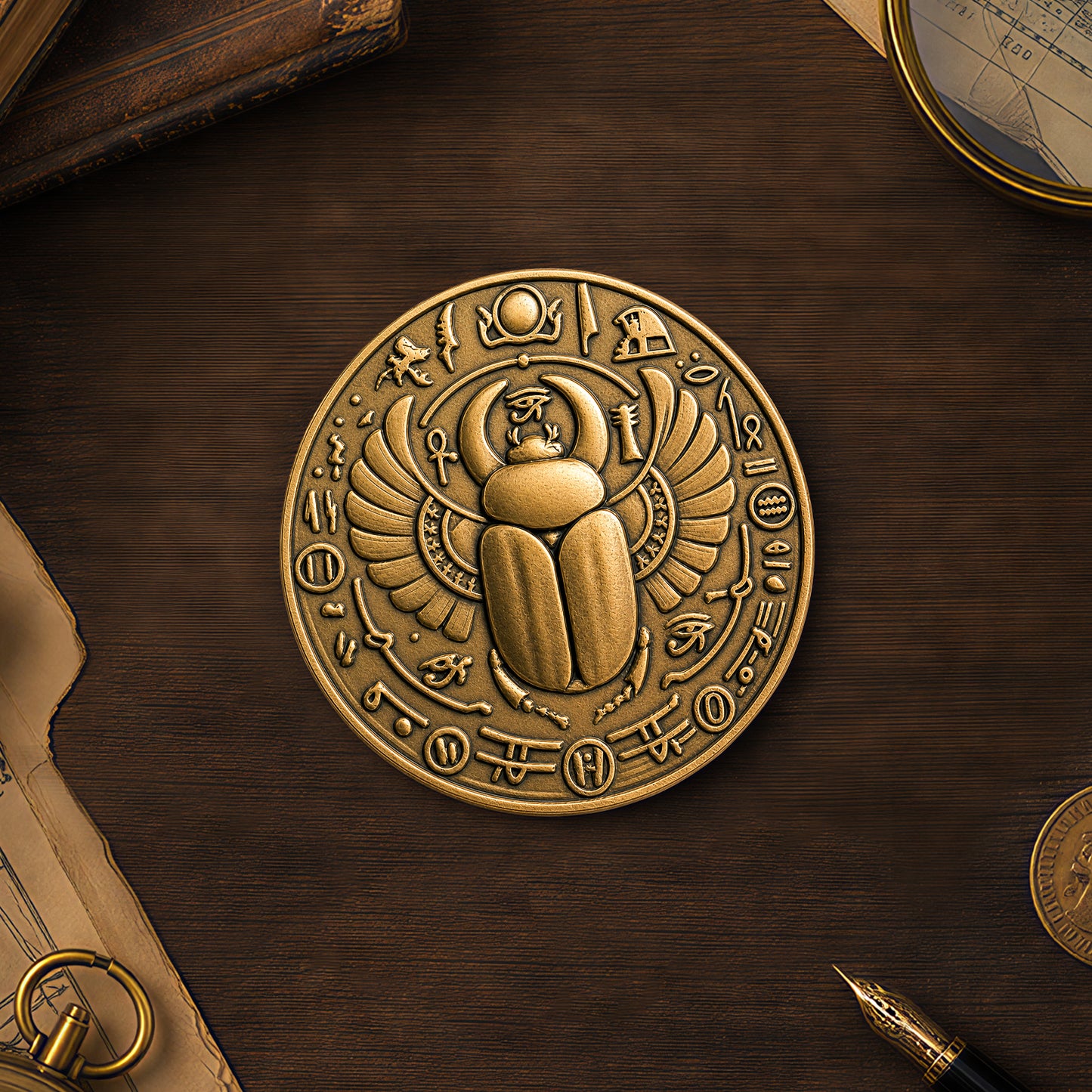 Scarab beetle brass coin relief carving