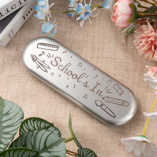 School's in Metal pencil case engraving
