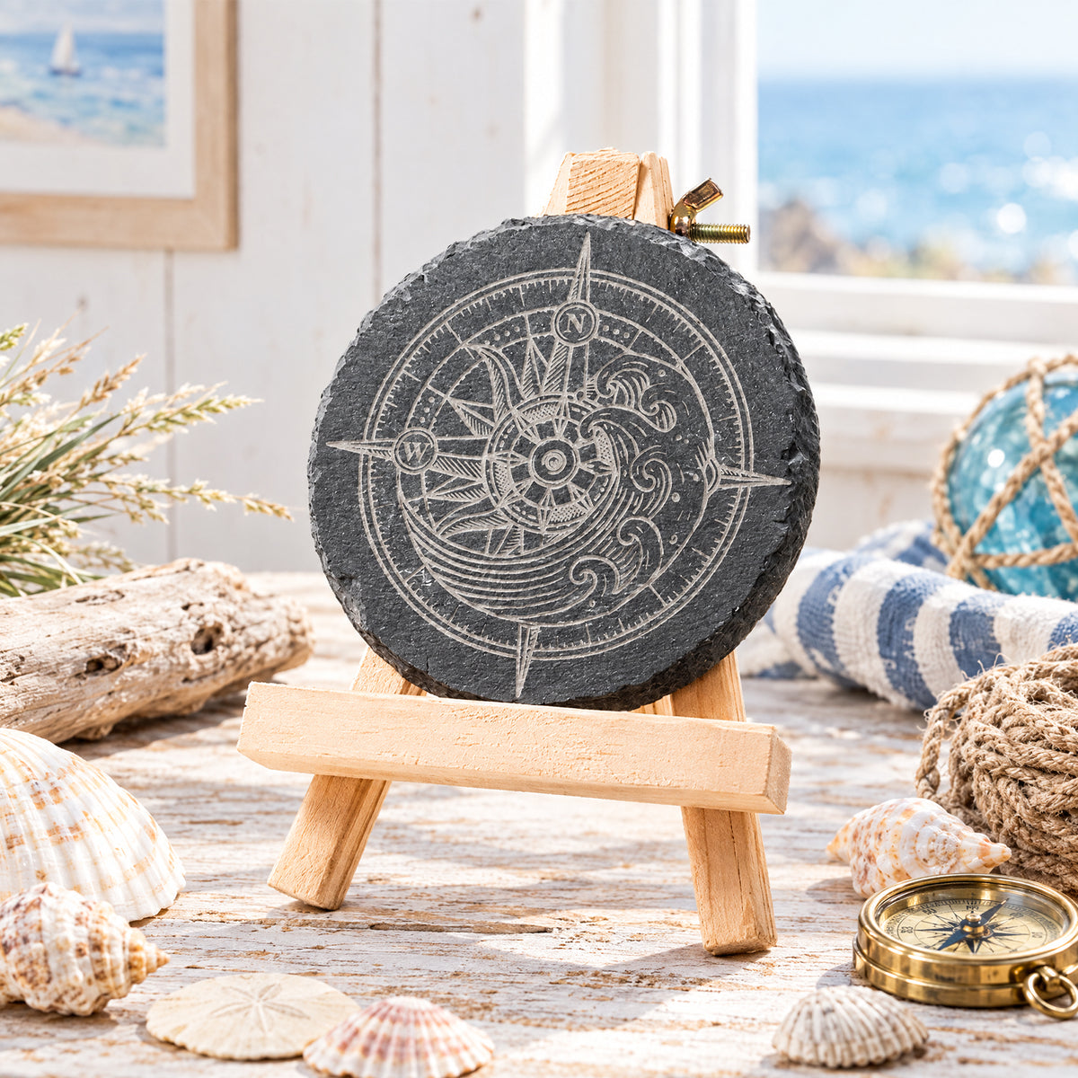 Nautical Compass Stone Slate Coaster Engraving