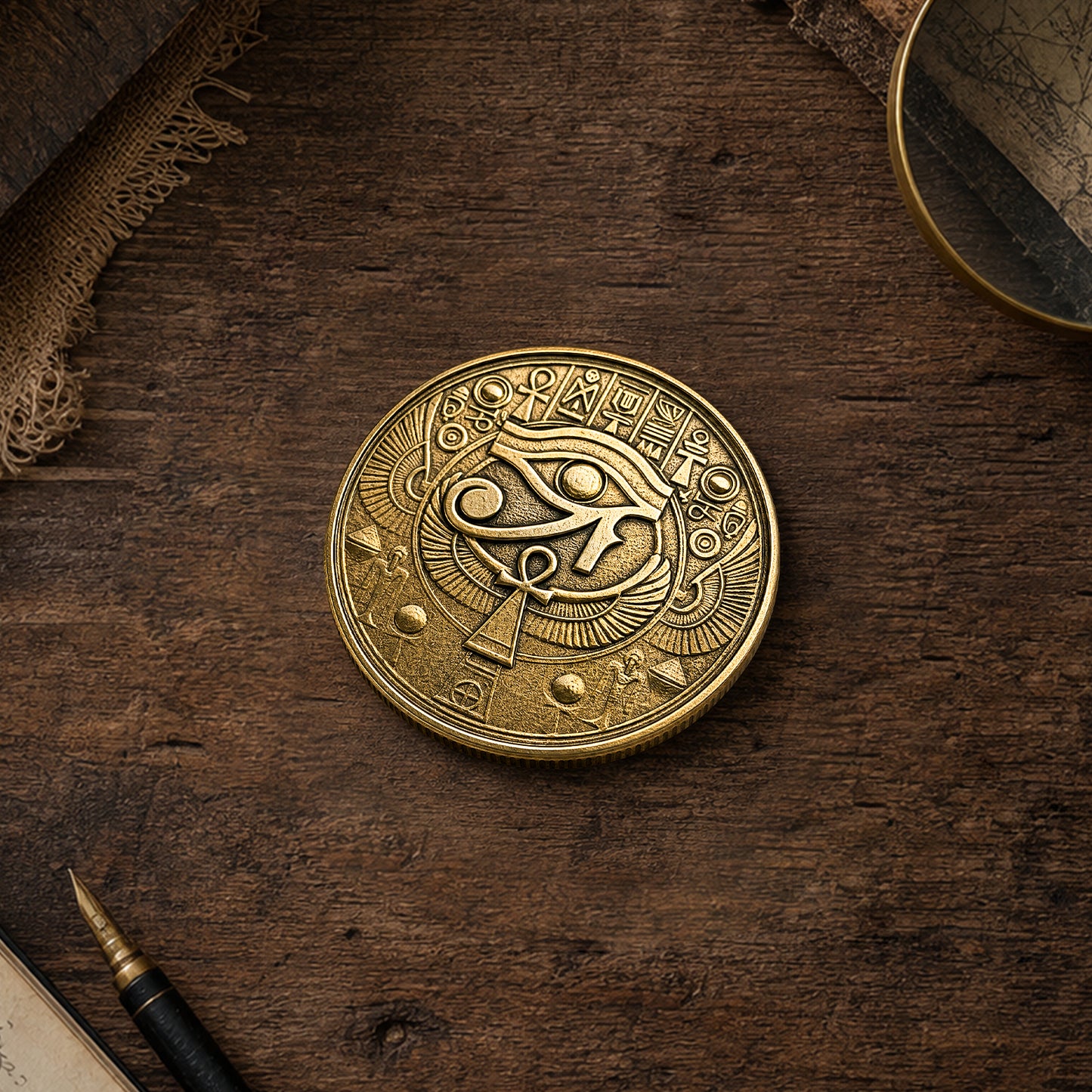 Egyptian Eye of Horus brass coin relief carving