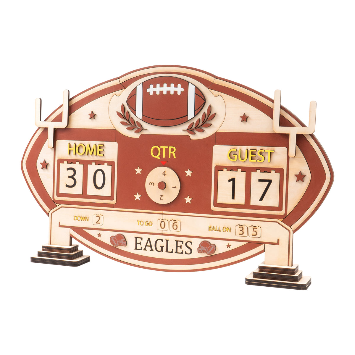 Football-themed wooden scoreboard stand