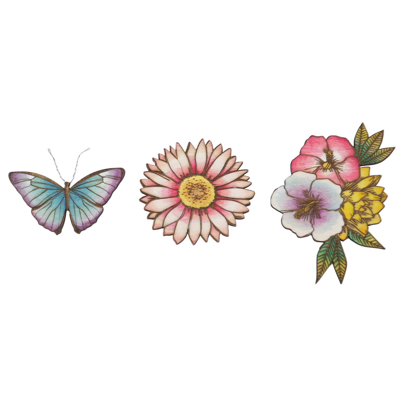 Flower and butterfly wooden brooch