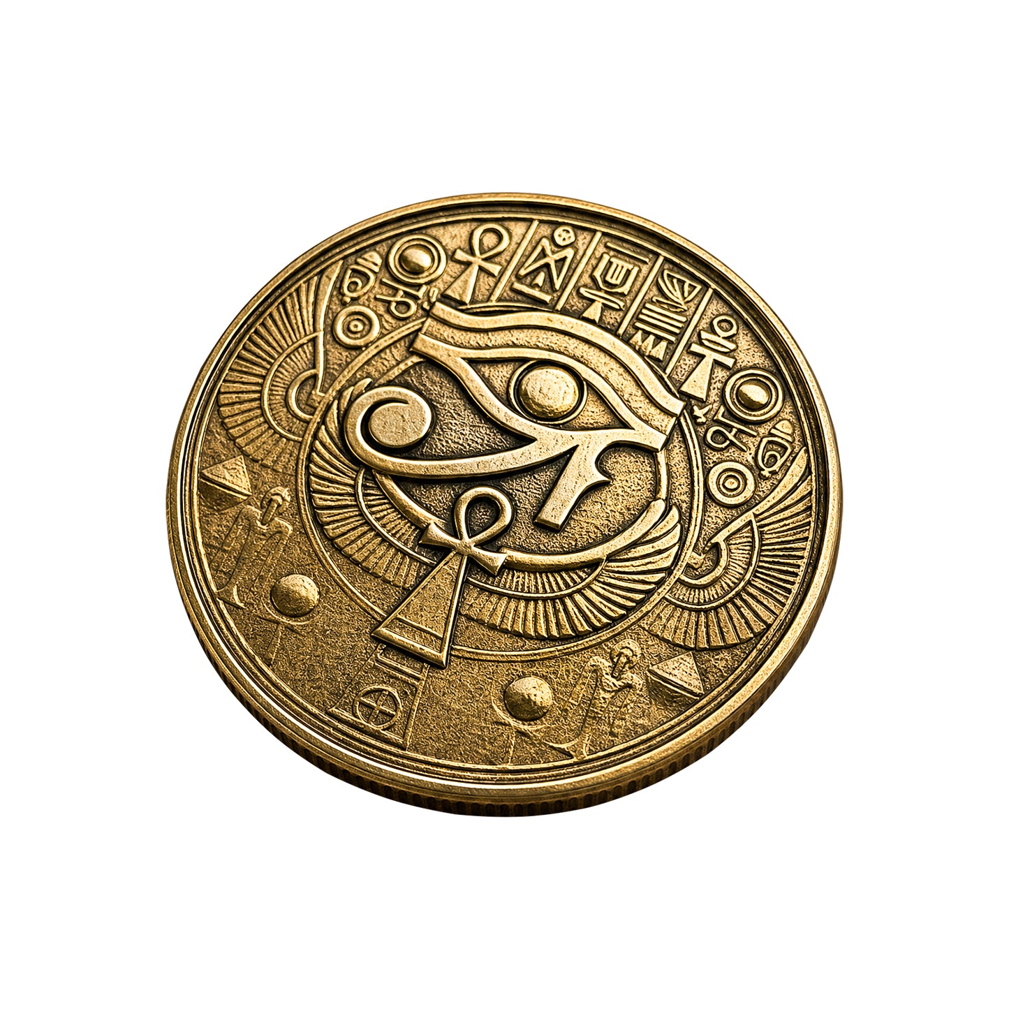 Egyptian Eye of Horus brass coin relief carving