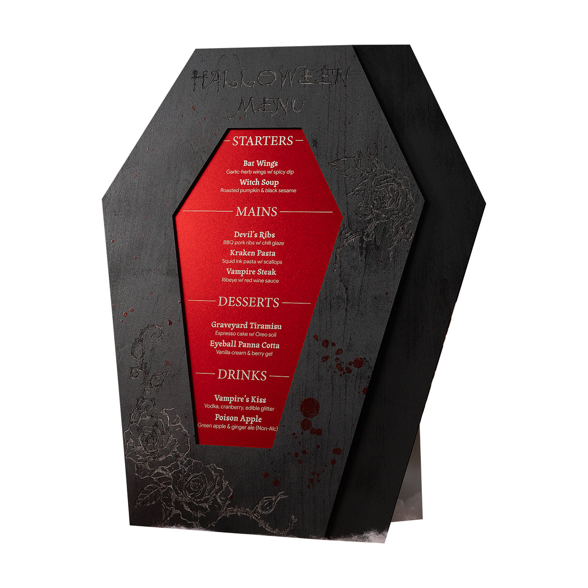 Halloween Blood-Splattered Rose Coffin Menu