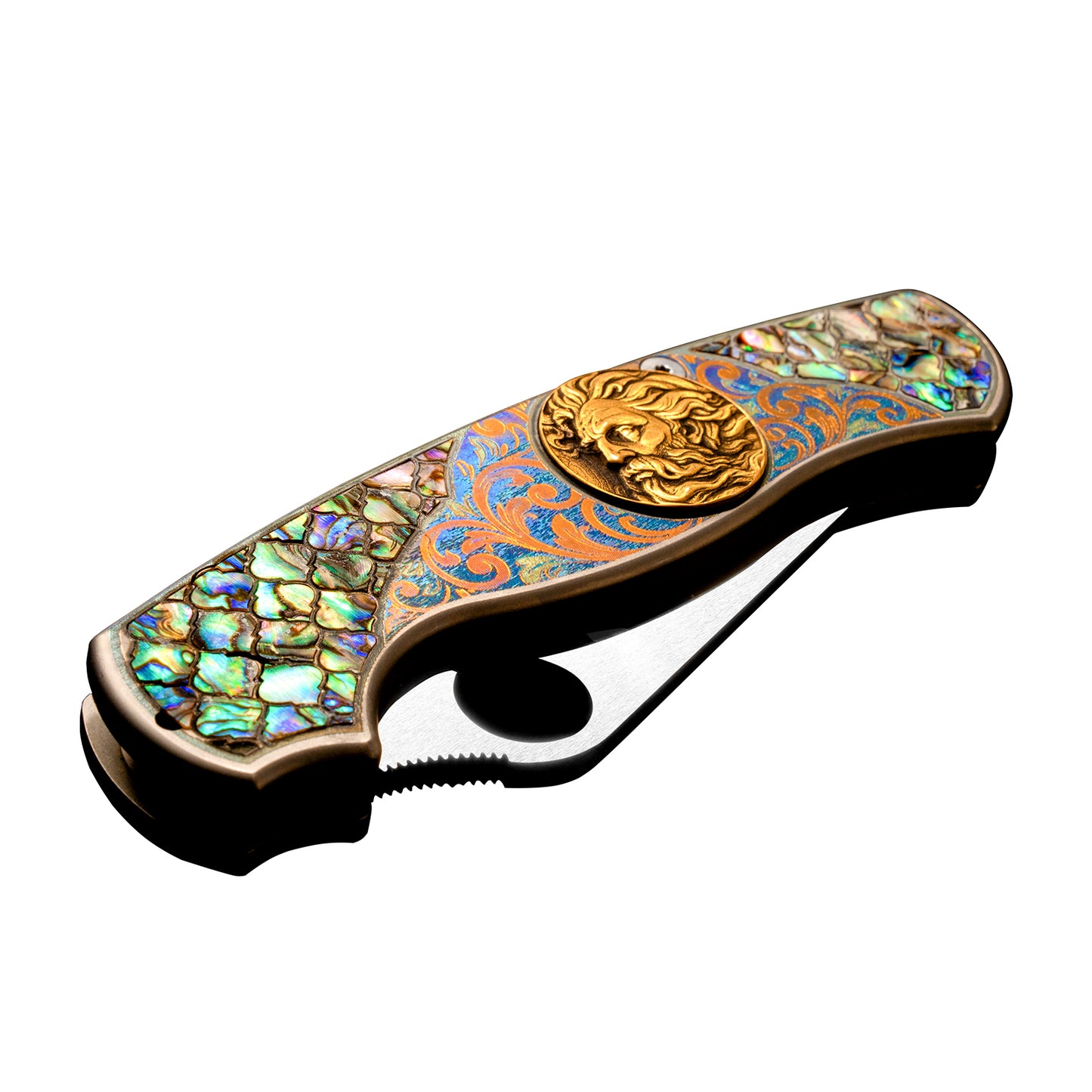 Titanium folding pocket knife with brass deep engraving, color engraving and mother-of-pearl inlay