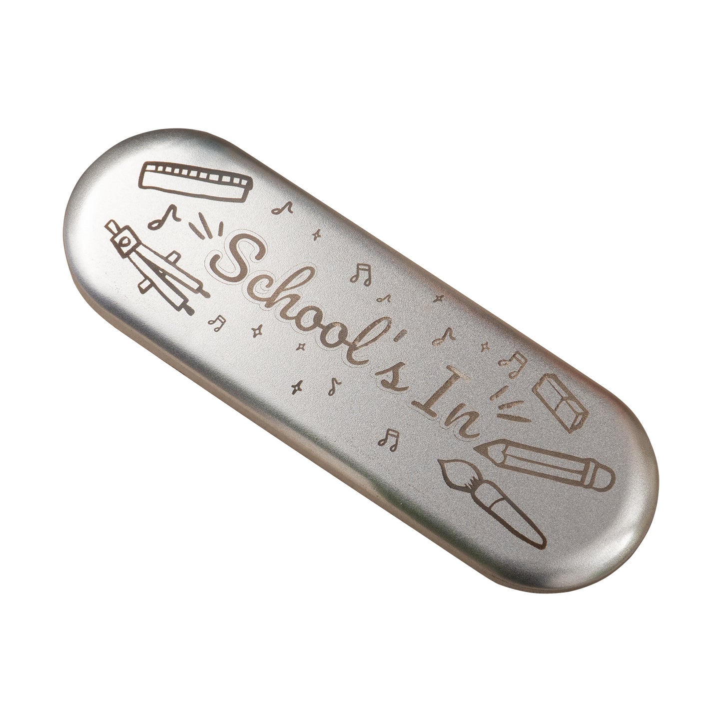 School's in Metal pencil case engraving
