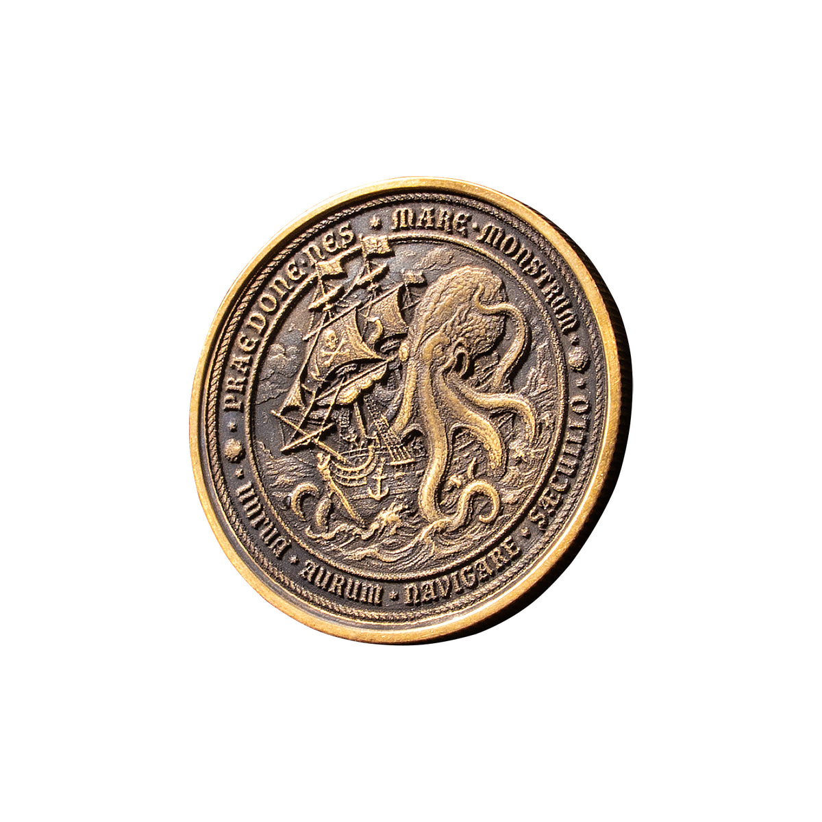 Giant Octopus Sea Monster And Pirate Ship Brass Coin Relief Engraving