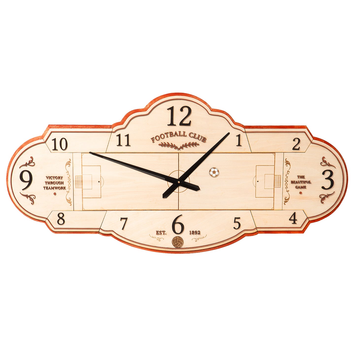 Large wooden soccer-themed clock
