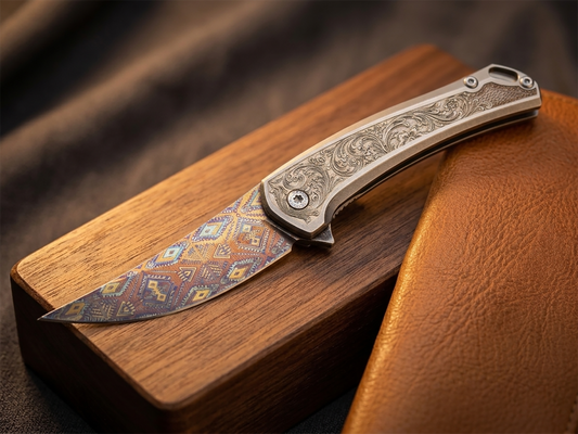 Engraved Titanium Pattern Blade Folding Knife